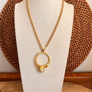 VTG Gold Tone Oversized Pearl Ring Pendant Necklace Statement 22”